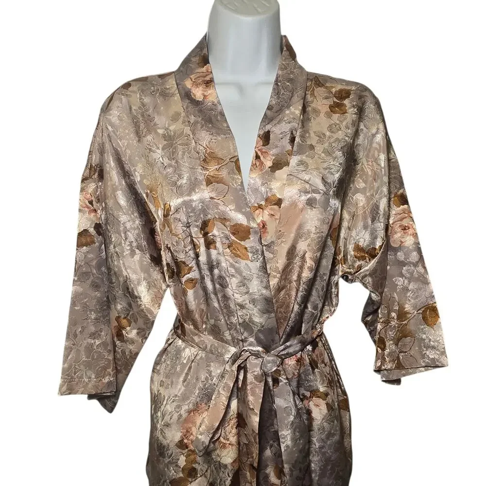 Vintage LA Intimates Satin Floral Belted Robe Womens USA‎ Brown Rose Gold Small